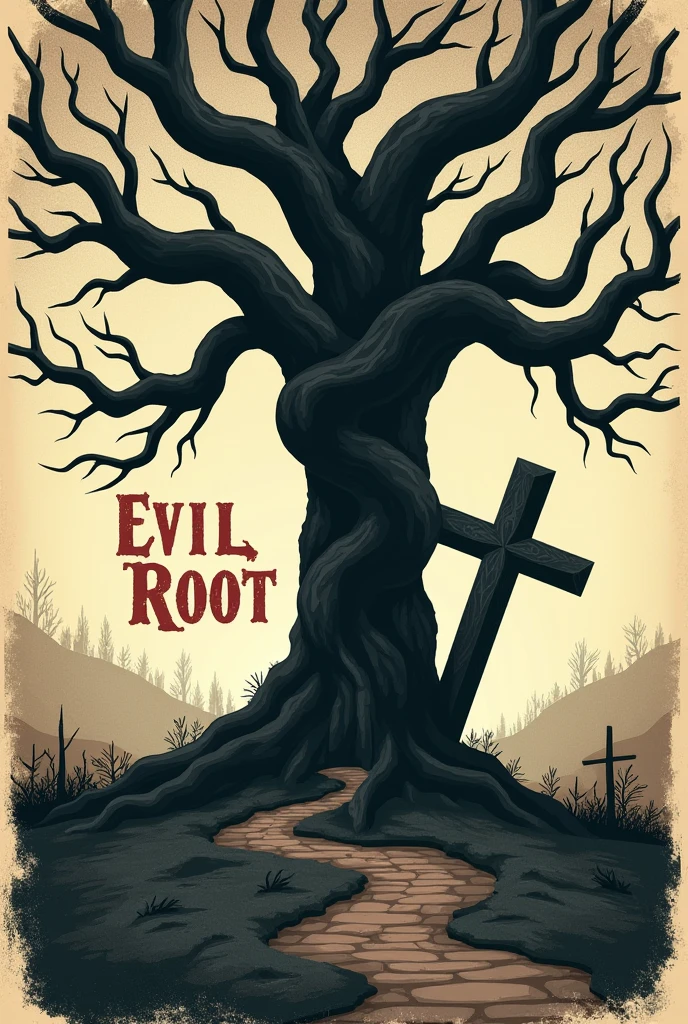 Create a cover for my book which is about horror ,His name is evil root, there has to be a tree, the name evil root and a cross, but make a vintage image and make it a little minimalist, but make it more terrifying.