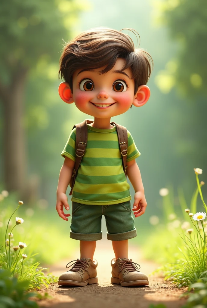 Create a character with a green striped t-shirt, shorts, and old shoes, approximately 4