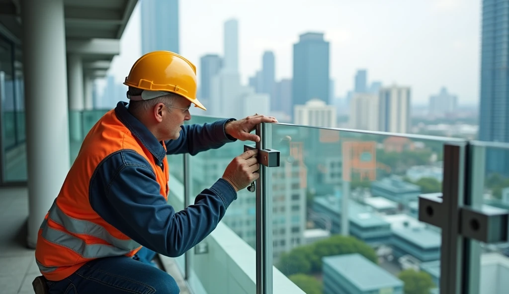 glazier installing glass railing