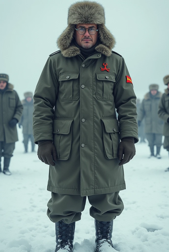 A Soviet soldier with glasses and an ushanka