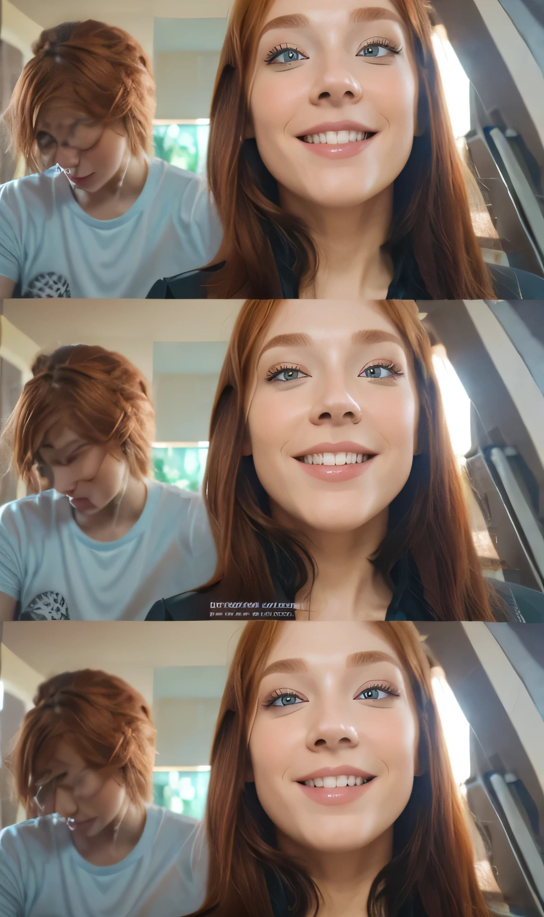 Different pose only with pretty girl with copper hair and black clothes with pink, blue eyes and smile 
