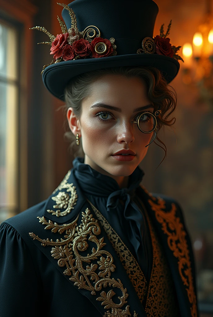 A gentleman lady ,intricate detailed face,ornate victorian clothing, ornate hat, monocle, steampunk, dark fantasy, dramatic lighting, cinematic, chiaroscuro,  (best quality,4k,8k,highres,masterpiece:1.2),ultra-detailed,(realistic,photorealistic,photo-realistic:1.37)