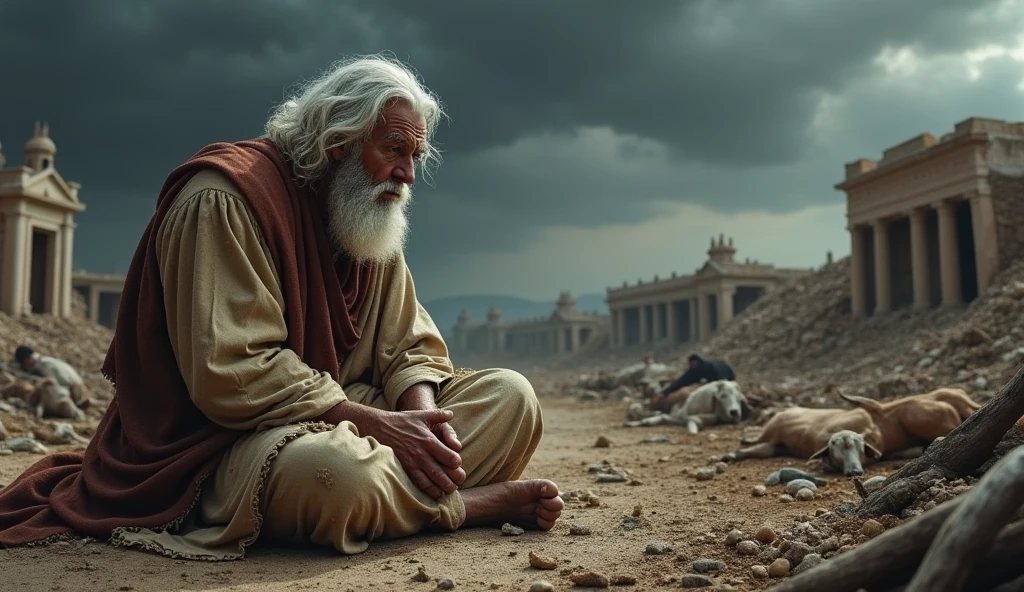 "Create a dramatic scene of Job from the Bible during his time of suffering. Job is depicted sitting on the ground in despair, covered in sores, with torn, ragged clothes. The background shows a desolate landscape with destroyed homes and dead livestock. The sky is dark and stormy, reflecting the somber mood. Job's expression should convey deep sorrow and anguish, symbolizing his faith being tested." com seus cabelos brancos e chorando