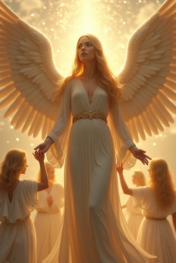 A gorgeous angel with straight hair, dark golden. being carried by a heavenly host of angels and archangels.