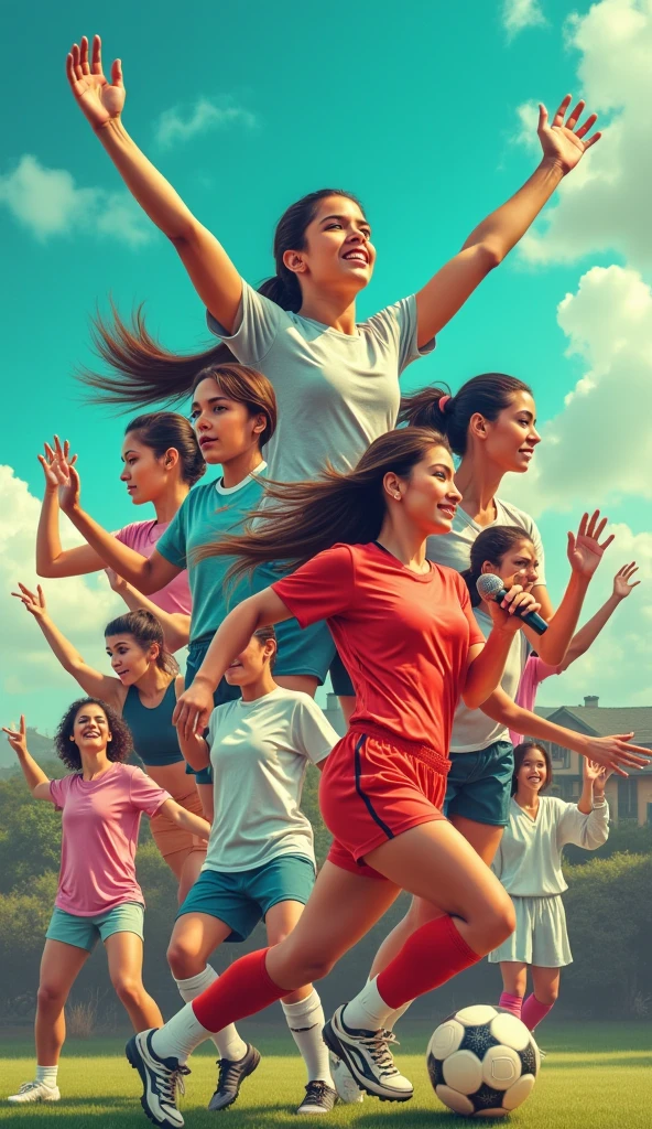 Create a realistic horizontal collage-type image with Latino people, in which men are shown playing soccer, women in volleyball uniform, another woman singing with microphone, surrounded by modern dance dancers and people practicing taekwondo. In the background a turquoise sky with blurred clouds and houses as shadows.