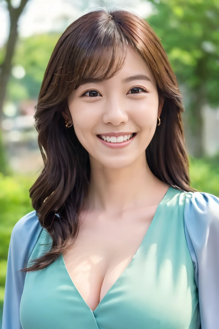 ((Highest quality)), ((masterpiece)), (detailed),Perfect Face,Japanese,Mature Woman,Upper Body,F Cup,Cleavage,blouse,smile,landscape