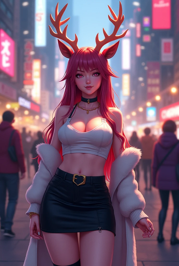 Noelle holiday from deltarune wearing a black skirt and a white crop to only revealing her shoulders and her stomach. While standing in a crowded city