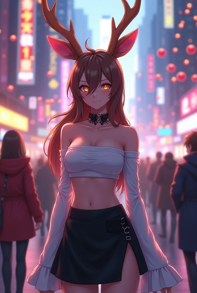 Noelle holiday from deltarune wearing a black skirt and a white crop to only revealing her shoulders and her stomach. While standing in a crowded city