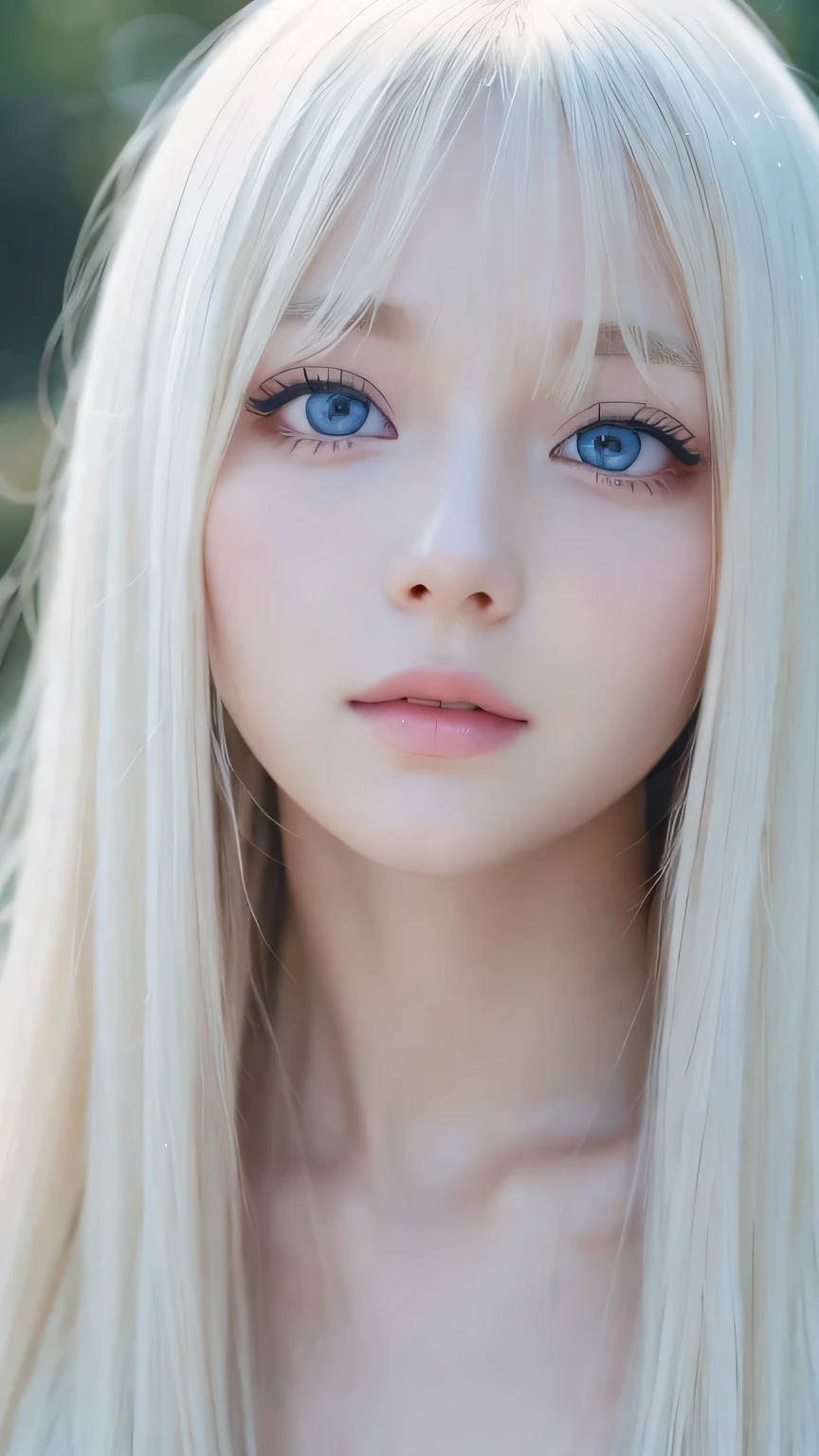 A perfectly beautiful face、Messy silky beautiful blonde hair、A beautiful 1 Scandinavian beauty、Very beautiful beautiful bright pale sky blue big eyes、Very long beautiful natural platinum blonde silky shiny hair、Long beautiful bangs、Very big eyes、Small Face Beauty、eyeliner、very white shiny skin、Gloss Face、Cheek gloss、Hair above the eyes、片Hair above the eyes、Hair between the eyes、