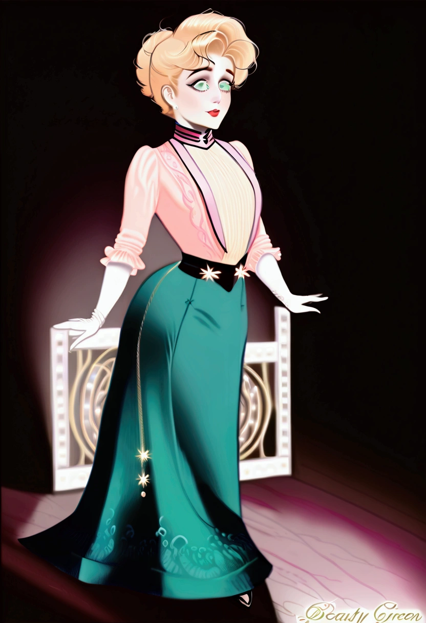 Lola Loud as a (((slutty **** blonde Gibson Girl seducing a dirty 69yo gentleman at a beauty pageant))). Year 1902. 1900_dr3ss. Pink high-collar long sleeve shirtwaist, ornate picture hat, long skirt, petticoats, silk stockings, boots. (((Big green eyes))). Thotty demeanor. Hourglass figure. Flat chest, wasp waist, bubble butt. Edwardian setting.