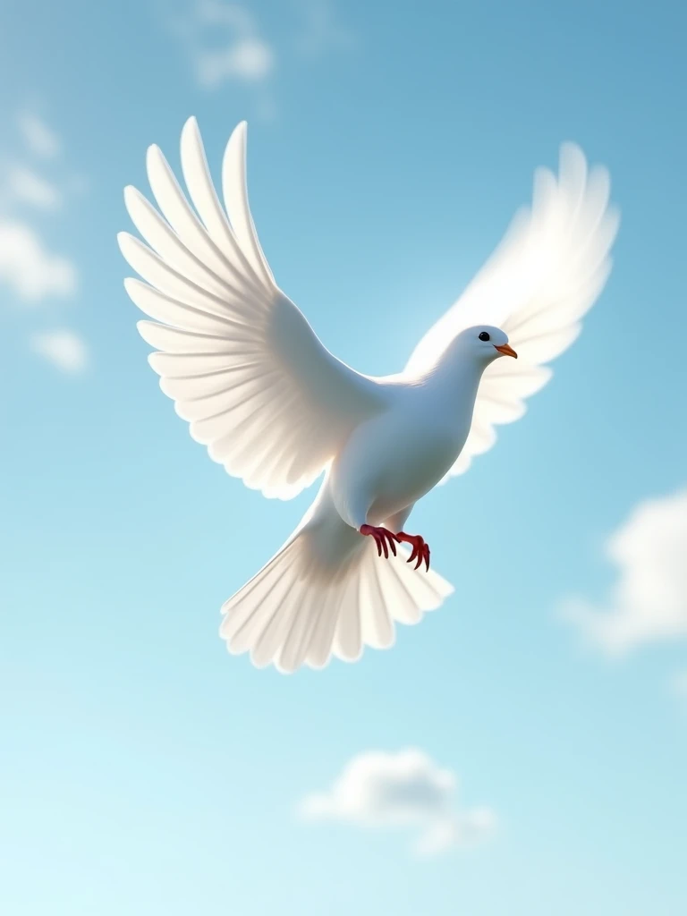 A highly detailed, realistic image of a pure white dove flying in the sky. The dove's wings are spread wide, capturing the grace and elegance of its flight. The feathers are crisp and well-defined, with soft light filtering through them. The background shows a clear blue sky with a few soft clouds, enhancing the peaceful and serene atmosphere of the scene. The overall composition emphasizes the purity and symbolized by the white dove.
