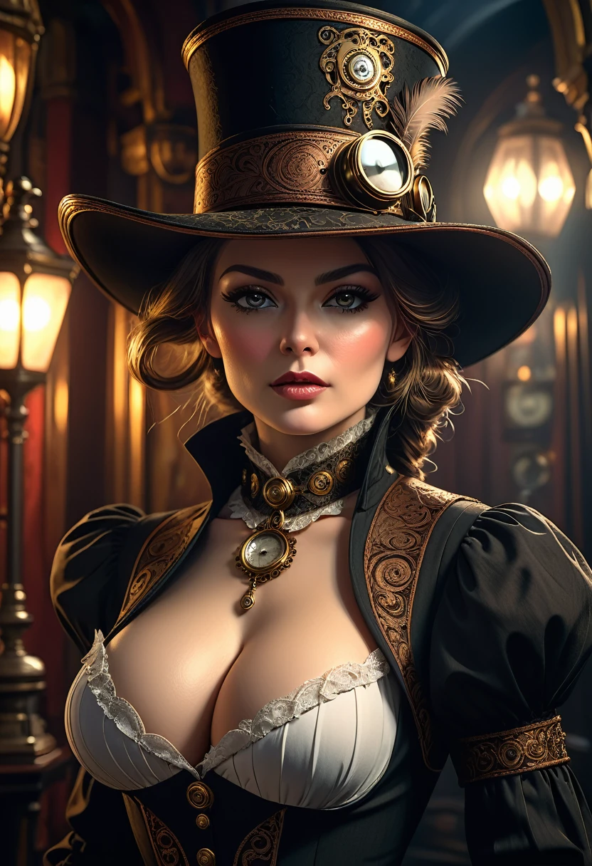 A sexy lady, detailed face,ornate victorian clothing, big titts, shaved pussy, ornate hat, monocle, steampunk, dark fantasy, dramatic lighting, cinematic, chiaroscuro, (best quality,4k,8k,highres,masterpiece:1.2),ultra-detailed,(realistic,photorealistic,photo-realistic:1.37)