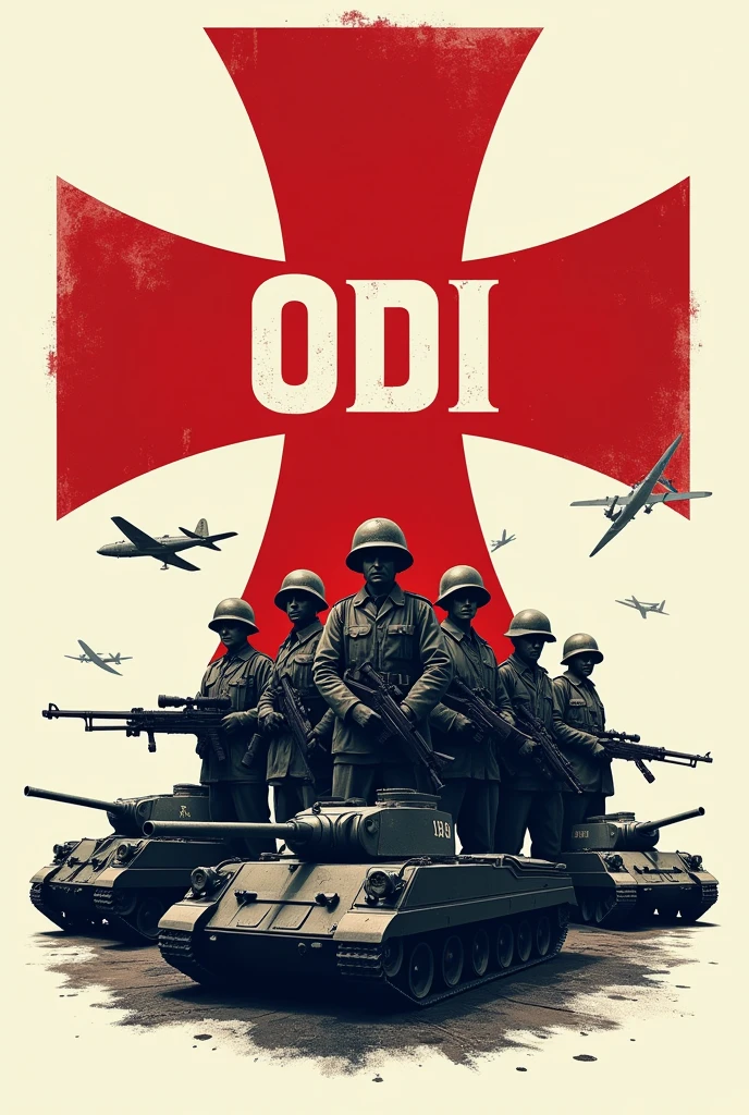 Round logo with the Cross of Burgundy in the background, soldiers of the First World War with weapons, armored tanks and bombers in front, the name ODI inside a red ribbon