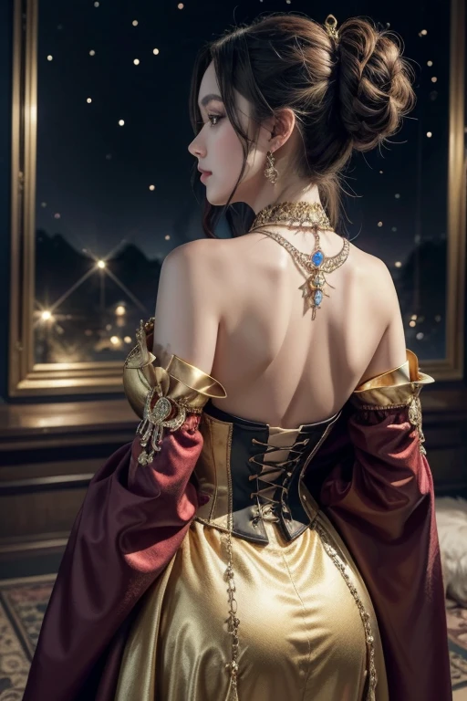 1 female, Mr...々Hairstyle,, BIG ASS ,Large Breasts,Plump,Sunburn,big ,
The top is a corset style that fits the body.、Detailed embroidery on the chest and shoulders、Ancient symbols and magical runes are drawn with gold and silver threads.。long sleeves、Bell sleeves that spread from the wrist、Puff sleeves that puff out from the shoulders、It has a striking design。
The skirt is long enough to spread out on the floor、A large train flows behind the dress.。The dress is adorned with gold and silver embroidery and jewels.、The design is so fantastical that it evokes the starry sky and the night forest.。Also、The hem of the skirt and the whole dress shine as if they were imbued with magical energy.、Every time you move, you emit a mysterious aura.。
accessories:
The Queen's accessories are、Many of them symbolize her authority and power.、A magnificent tiara or crown is a must。These include、Large gemstones and mysterious runes are embedded in it.、It serves to enhance the Queen's magical powers.。On the neck、Pendants said to house the country's guardian deity、The choker with ancient jewels shines.。
On the wrist、Bracelets that contain powerful magic、The heirloom ring shines、These accessories feature designs based on ancient magic and mythology.。moreover、A gorgeous cape or cloak hangs down from the shoulders and back.、It is also embroidered with the kingdom's crest and magic runes.。