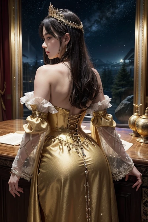 1 female, Mr...々Hairstyle,, BIG ASS ,Large Breasts,Plump,Sunburn,big ,

The top is a corset style that fits the body.、Detailed embroidery on the chest and shoulders、Ancient symbols and magical runes are drawn with gold and silver threads.。long sleeves、Bell sleeves that spread from the wrist、Puff sleeves that puff out from the shoulders、It has a striking design。

The skirt is long enough to spread out on the floor、A large train flows behind the dress.。The dress is adorned with gold and silver embroidery and jewels.、The design is so fantastical that it evokes the starry sky and the night forest.。Also、The hem of the skirt and the whole dress shine as if they were imbued with magical energy.、Every time you move, you emit a mysterious aura.。

accessories:
The Queen&#39;s accessories are、Many of them symbolize her authority and power.、A magnificent tiara or crown is a must。These include、Large gemstones and mysterious runes are embedded in it.、It serves to enhance the Queen&#39;s magical powers.。On the neck、Pendants said to house the country&#39;s guardian deity、The choker with ancient jewels shines.。

On the wrist、Bracelets that contain powerful magic、The heirloom ring shines、These accessories feature designs based on ancient magic and mythology.。moreover、A gorgeous cape or cloak hangs down from the shoulders and back.、It is also embroidered with the kingdom&#39;s crest and magic runes.。