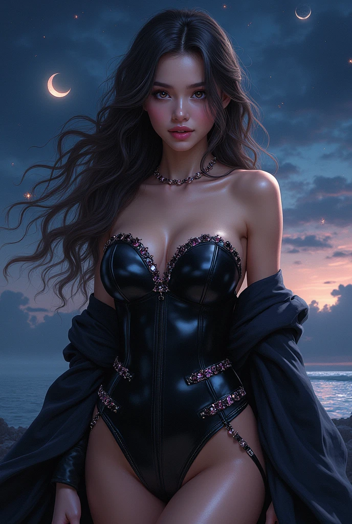 8k, masterpiece, RAW Photos, highest quality, Realistic, Very detailed, Depth of written boundary, Cinematic Light, Anatomically correct body,
One beautiful 40 year old woman, Very beautiful face, Exquisitely detailed face, (A calm and gentle face:1.4), Very delicate skin texture, Transparent muscle, Shiny white skin, Glamorous Body,
(Wavy black long hair:1.2), (Sexy Breasts:1.1),
(Bold high-cut swimsuit:1.2), (Detailed cloth texture:1.2), (Gorgeous necklace:1.1), (Gorgeous earrings:1.1),
(Dark starry background:1.4), (Milky Way:1.1), (milky way:1.1), (shooting star:1.1), (Dark coastline at night:1.4), (Pitch black sea surface:1.4),
(Standing in shallow water on a sandy beach:1.2),
(Cowboy Shot:1.2),