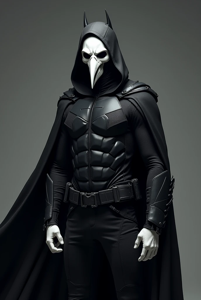 Superhero similar to Batman but with a white crow skull mask, black bulletproof vest with hood, whitegloves, with cover, without horns 