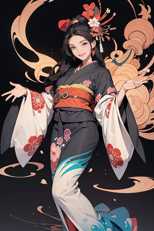 A beautiful woman smiles and shows her upper white teeth、Vividly colored Japanese Ukiyo-e style illustrations、(SeaArt creates stunning illustrations of beautiful women in kimono)、Brown-black long hair、Beautiful full body style、Let&#39;s dance a little Tokyo Ondo Yoiyoi、Beautiful digital painting,、Bright vibrant digital anime art、 Detailed digital anime art、 Beautiful anime portraits、background、Torii gate of a shrine in Kyoto, Japan、Detailed CG、