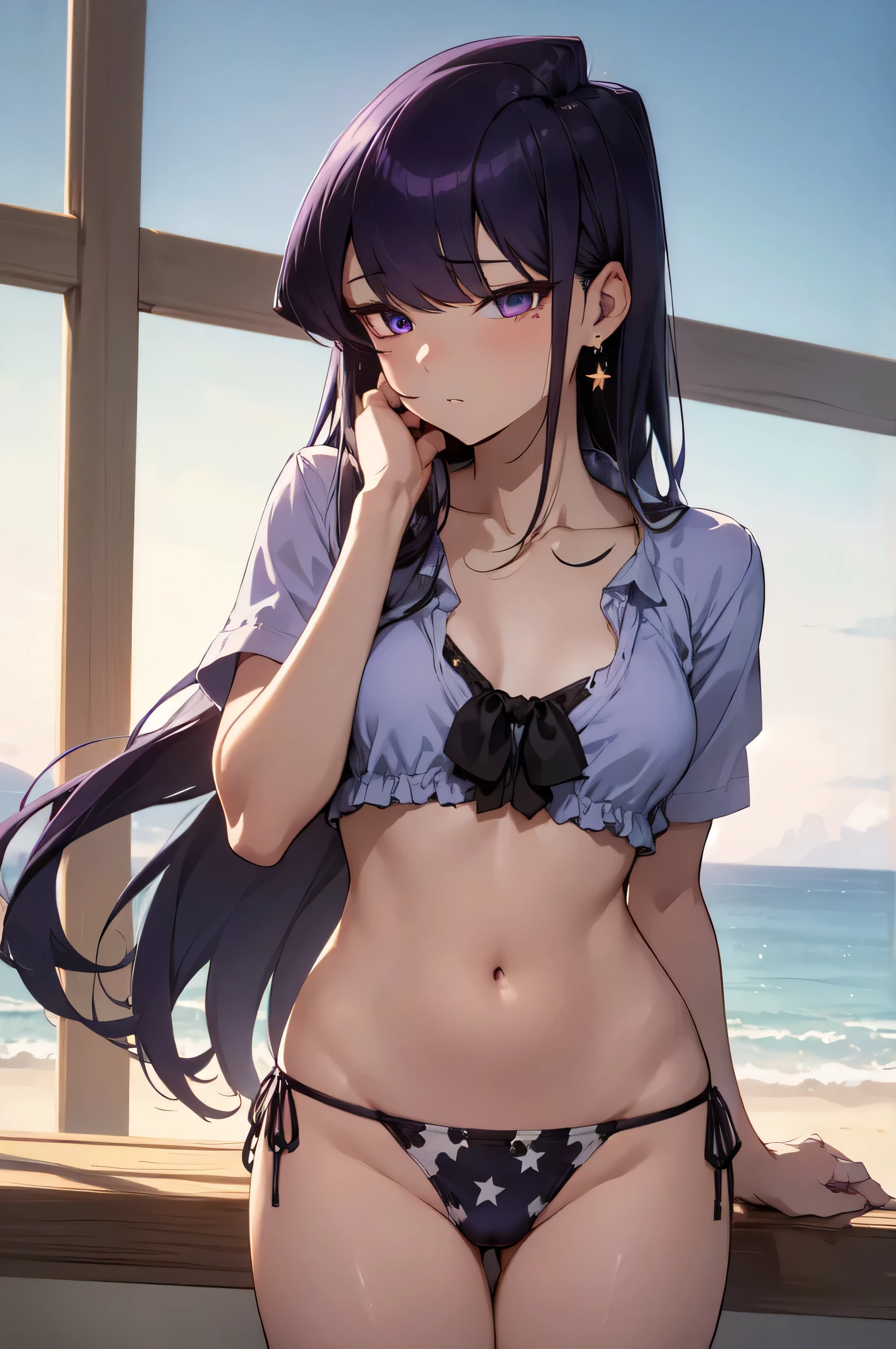 Komi Shouko, sleeping shorts, cow bikini, exposed crotch, character taking off her clothes with her hands, purple hair, purple eyes, hair over one eye, long hair, small breasts, very short blue blouse, low waist, part of breasts showing, blouse lifted showing part of the breasts, belly showing, crown, earrings, jewelry, princess, star earrings, looking at the viewer, best quality, high resolution, (beautiful detailed eyes: 1.6), extremely detailed face, extremely detailed CG, (perfect hands, perfect anatomy),