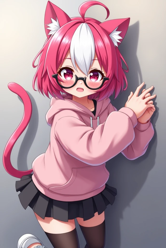I have pink white hair, cat ears, a bow, My face is super blushing, black glasses, pink heart eyes, a big pink sweatshirt, a skirt under her skirt a black short, black stockings, White shoes, a cat&#39;s tail, A very shy girl I&#39;m hitting you against a wall grabbing her butt