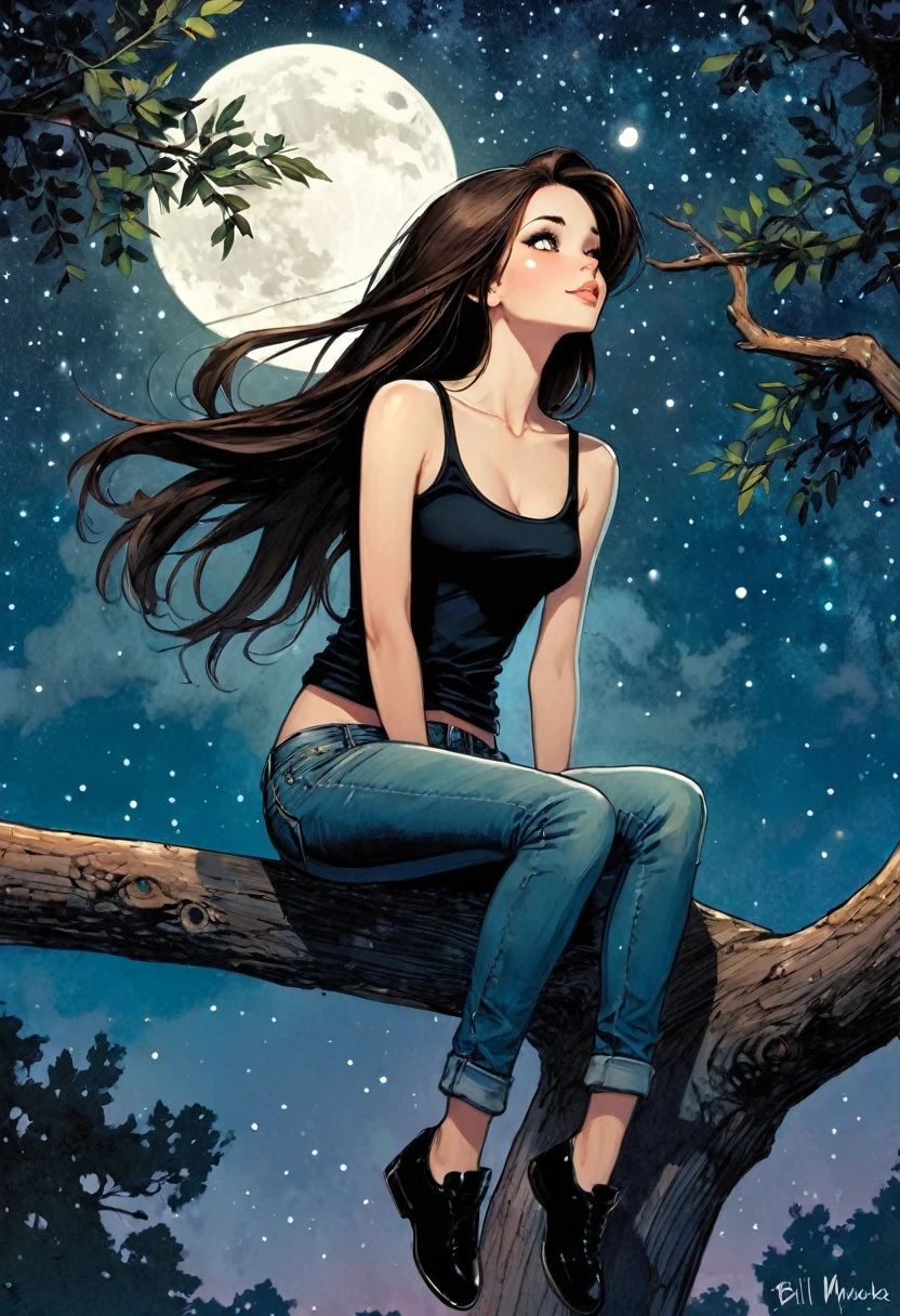 very y girl, black tank top and jeans, long straight dark brown hair, small breas fun, {sitting on a high tree branch}, ((from bottom)), magic, fantastic, night sky, moon, stars, background, alone, very beautiful, cute, adorable, embarrassed, alone,glowify (art inspired by Bill Sienkiewicz and Dave McKean )