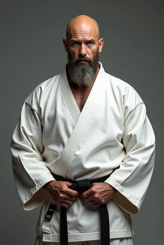A bald man with a beard in a white judo kimono with a black belt