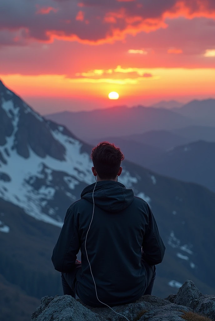 A Man WHO sitting on the end of the mauntain and listening to music with earphones looking at sunset