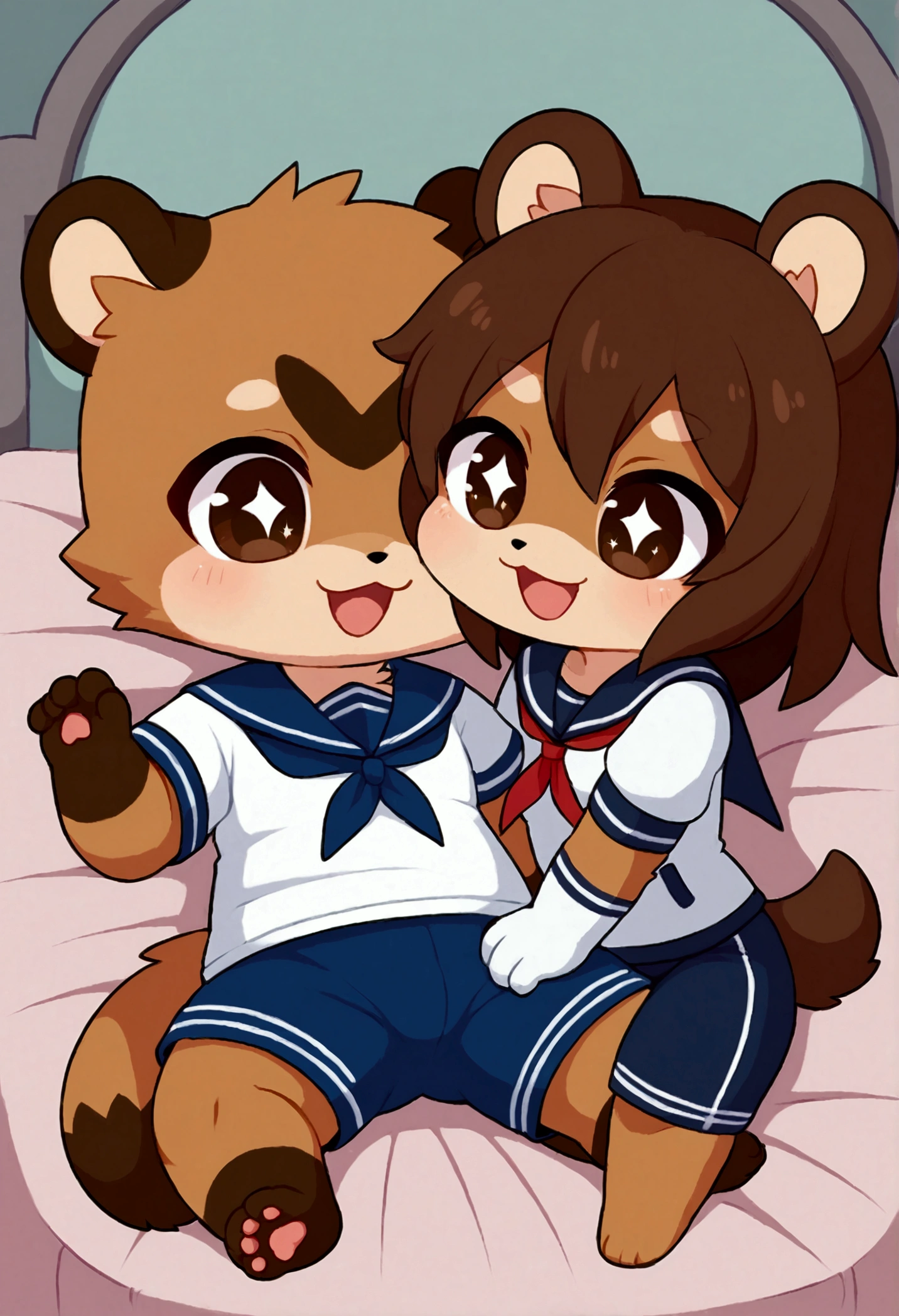 girl, tanuki, furry, bodyfur, tail, sailor suit, short sleeves, jersey pants, long pants, white gloves, barefoot, chibi, sparkling eyes, happy, full body, hand between legs, bed, lying, spread legs