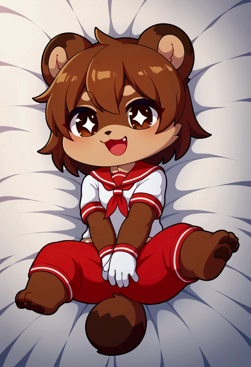 girl, tanuki, furry, bodyfur, tail, sailor suit, short sleeves, jersey pants, long pants, white gloves, barefoot, chibi, sparkling eyes, happy, full body, hand between legs, bed, lying, spread legs