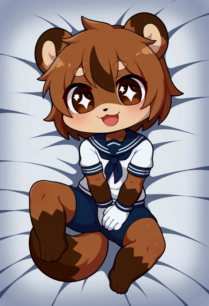 girl, tanuki, furry, bodyfur, tail, sailor suit, short sleeves, jersey pants, long pants, white gloves, barefoot, chibi, sparkling eyes, happy, full body, hand between legs, bed, lying, spread legs