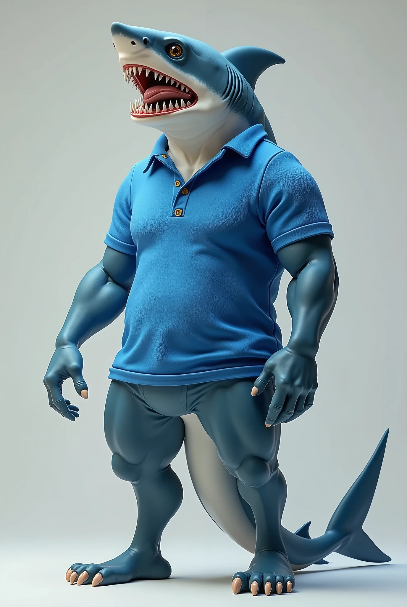 (masterpiece:1.4), (Best Quality:1.2), Create a real image, of a humanoid shark with a blue polo shirt