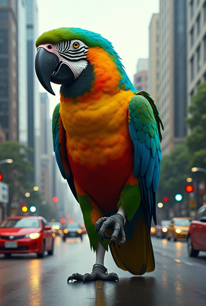 a huge parrot walking between the cars ans buildingsat Paulista avenue in São Paulo Brazil, high detail, move chart, UHD, super detail, high quality
