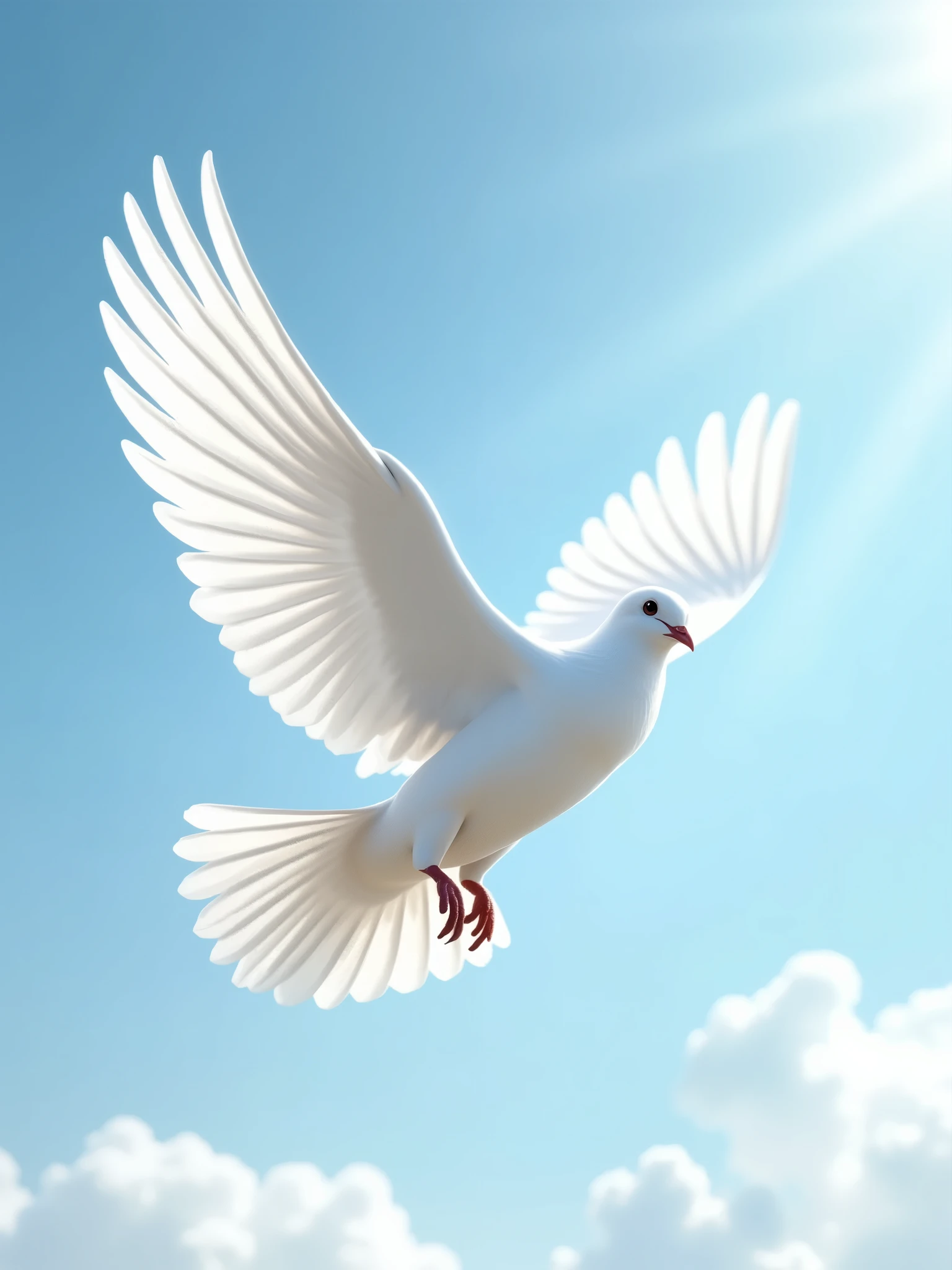 A highly detailed, realistic image of a pure white dove flying in the sky. The dove's wings are spread wide, capturing the grace and elegance of its flight. The feathers are crisp and well-defined, with soft light filtering through them. The background shows a clear blue sky with a few soft clouds, enhancing the peaceful and serene atmosphere of the scene. The overall composition emphasizes the purity and symbolized by the white dove.