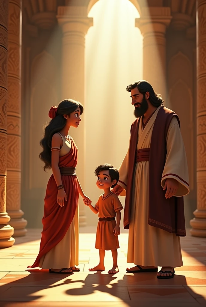 boy with his adult Israelite mother introducing him to an Israelite priest in the Pixar animated temple