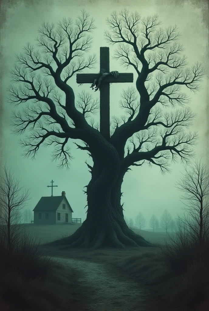Create a cover for my book which is about horror ,His name is evil root, there has to be a tree, the name evil root and a cross, but make a vintage image and make it a little minimalist, but make it more terrifying, make it more realistic and less have the name evil root and have a little house nearby.



