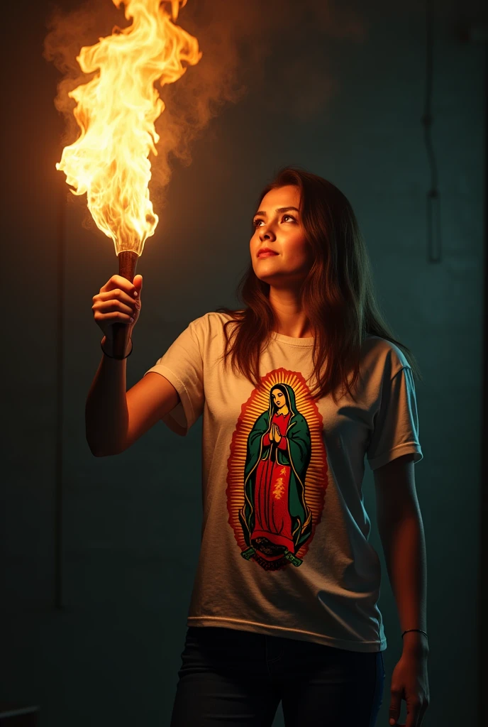 Image of a person with a torch in his hand wearing a shirt of the Virgin of Guadalupe
