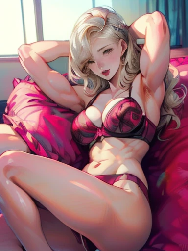 (best quality, 8k, highres, photorealistic:2.0), (solo, one girl:2.0), (lighting: front), (lighting: strong), (Russian Beauty:2.0), (very muscular girl:1.5), (bodybuilder girl:1.5), (shiny skin:1.5), (oily skin:1.5), (platinum blonde hair:1.5), (raise both arms behind your head:1.5), (((lingerie, (vivid yellow bra), (((She wears sexy bra)))))), (wearing white panties:1.3), Blush brown makeup, dark eye makeup, use pink glossy lipstick, (amazing orgasm:1.2), (intense ecstasy:1.3), ((Lie on your back on a clean bed and lean on a large pillow.)), (Open your legs as far as you can and bend them:1.5)