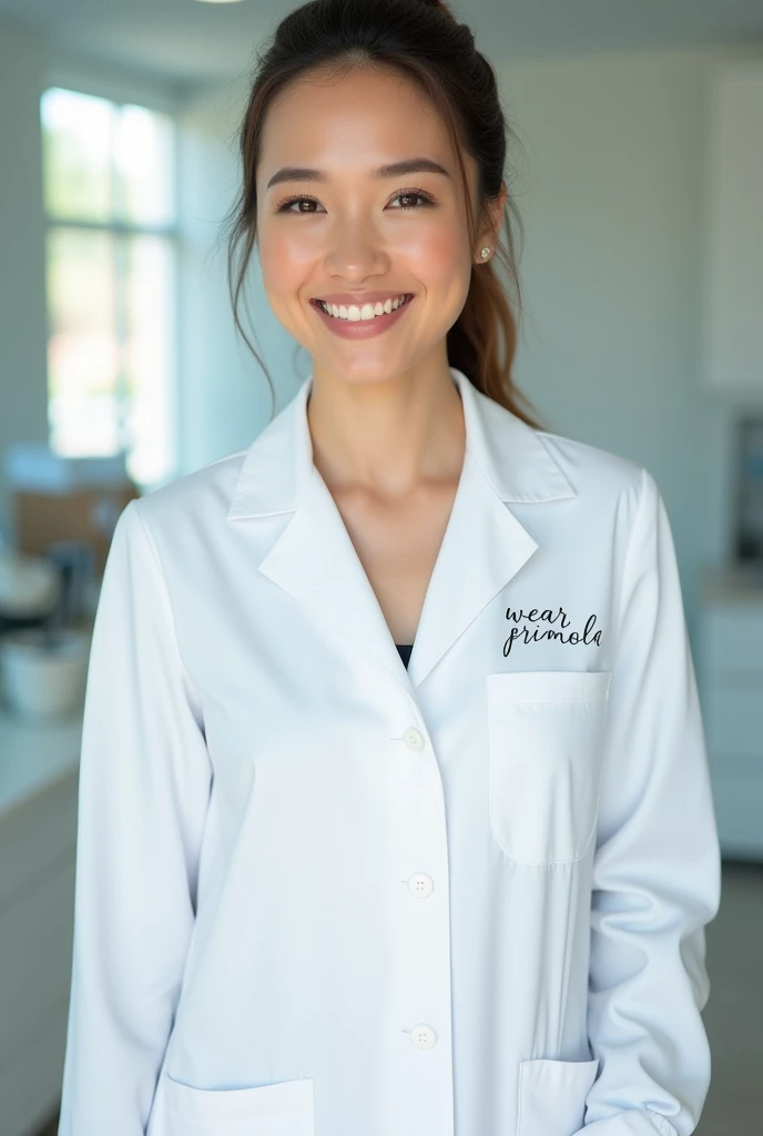 I need you to create a white dentist's coat for WOMEN and have the phrase embroidered on it: "wear. PRIMOLA"