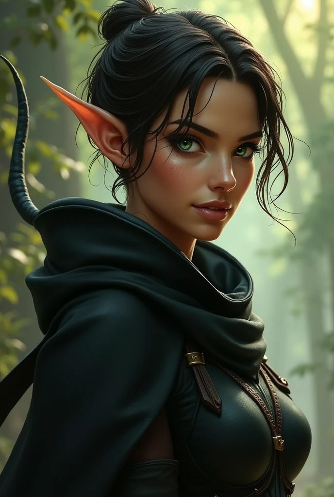 a female tan-skinned tiefling rogue, with a warm, shimmering tone that seems to capture the light subtly, accentuating his striking features. His eyes are a piercing green, with vertical pupils like those of a reptile, shining with cunning and a touch of mystery. When she smiles, what is rare, small fangs stand out, suggesting both charm and danger. your hair is short, smooth ass, cut shorter on the sides and a dark brown shade, almost black, that contrasts beautifully with your skin. Its horns are thin and elegant, bending back slightly, with a smooth texture and a subtle shine, almost as if they were carved from the finest ivory. The face is angular and graceful, with high cheekbones and a well-defined jawline. Her arched eyebrows give her a naturally intriguing expression., as if he were always about to discover or hide something. Small scars, almost imperceptible, mark her face She wears light, fitted clothes, made of black and flexible leather, designed for maximum mobility and silence. A dark cloak, almost indistinguishable in the shadows, wraps around your shoulders, your hands, thin and agile, are almost always covered by dark gloves that hide their sharp claws. no belt, carries a collection of well-balanced daggers and thieves&#39; tools, including hooks, master keys and poison vials. A discreet belt pouch keeps your valuables and secrets safe. a long, slender tail