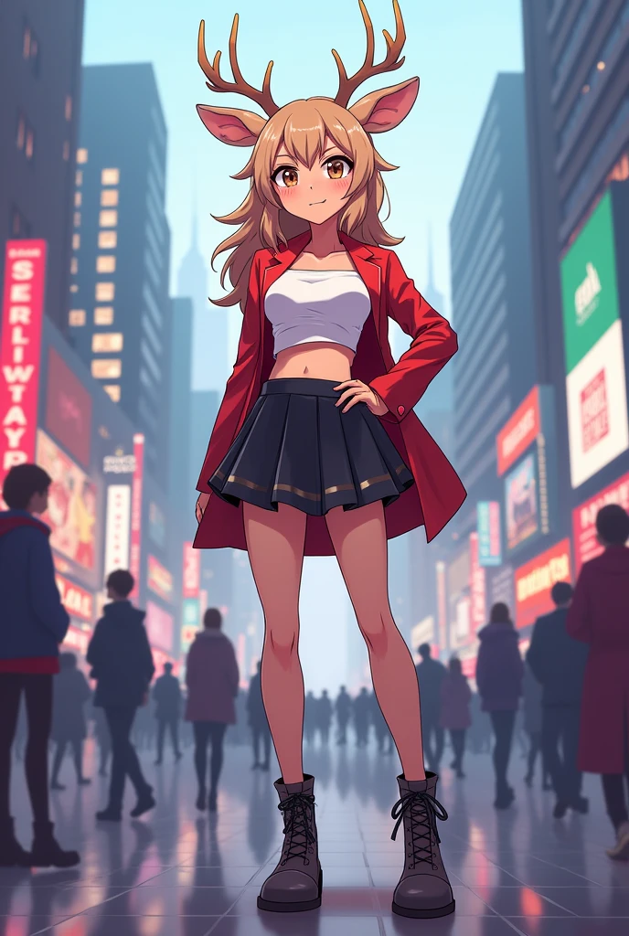 Noelle holiday from deltarune wearing a black skirt and a white crop to only revealing her shoulders and her stomach. While standing in a crowded city. In a cartoon art style