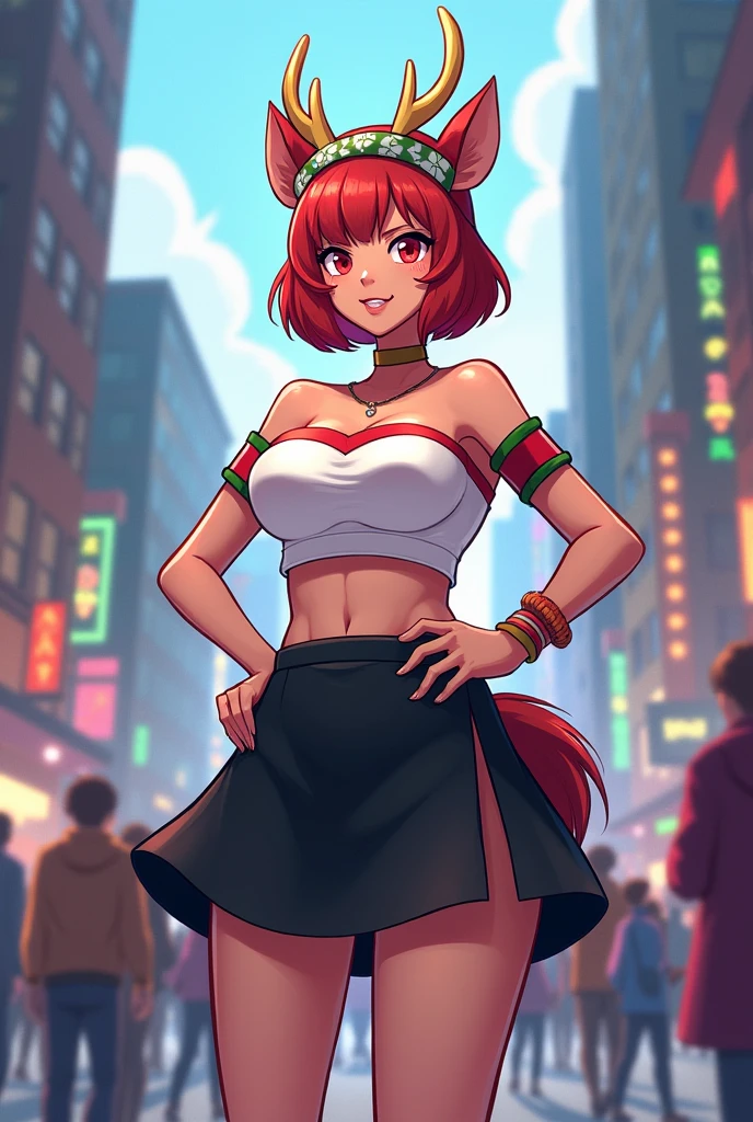 Noelle holiday from deltarune wearing a black skirt and a white crop to only revealing her shoulders and her stomach. While standing in a crowded city. In a cartoon art style