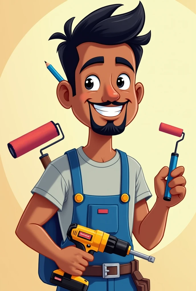 Brown man with goatee smiling, neat black hair, light gray t-shirt with a drill in his hand, paint roller in his hand and blue pencil in his ear in cartoon