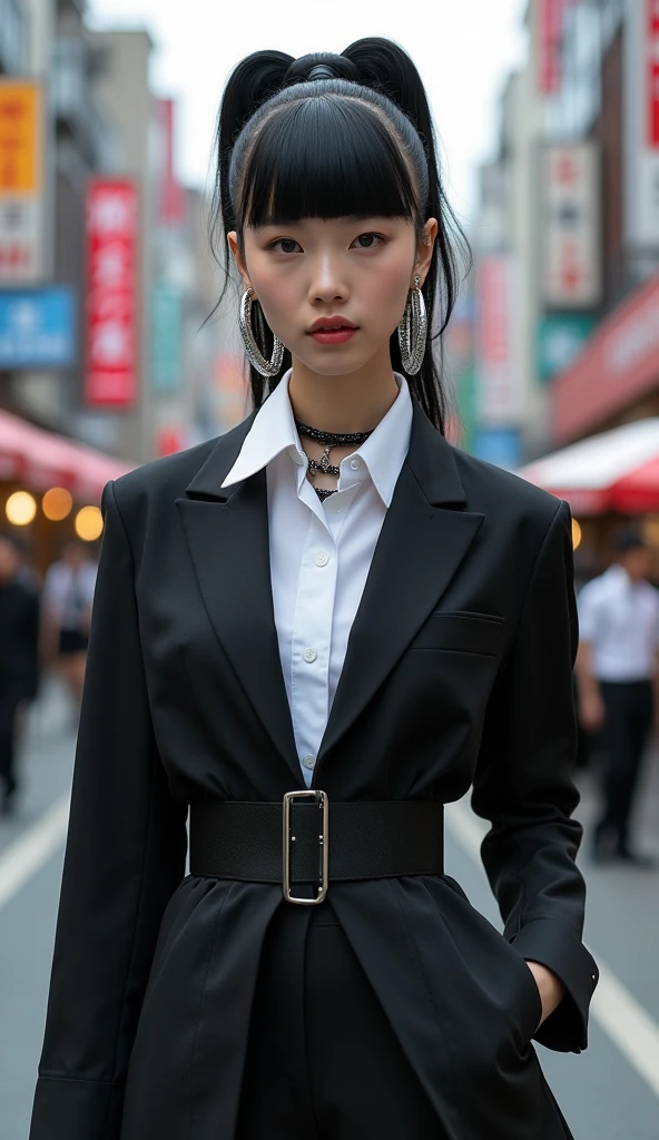(Blunt bangs, Princess Bang))), (((Very heavy,Voluminous bangs:1.1))),(((very long, Very heavy,Very voluminous side locks:1.1))),, Hime cut, Straight bangs hairstyle, People with round faces and plain bangs, dull with long hair、Bangs cut straight,))High Fashion Portrait, (Highest quality, detailed,masterpiece:1.2), Realistic, 1 person, Beautiful woman, Full Body Shot, Fashion Model, Dynamic pose, break small head, break (detailed buttocks, detailed legs, detailed body line, tight small breasts, Very small waist, Tight little ass, Beautiful muscular legs, Beautiful legs, Creates a sculptural beauty:1.2), Beautiful white, silky skin, A slim and beautiful neck, (Full Body Shot, Dynamic pose:1.2), break Opt for a sleek, (((Black Japanese style jacket, White long dress shirt,Black long skirt,Black boots))) Accessorize with an abundance of statement jewelry, , Oversized silver hoop earrings, Style hair in a sleek, Architectural Upstyle, Sharp angles and a sleek finish give it a futuristic feel., break small head, detailed face, ((Full body photo))((Directly facing)))looking at the camera,masterpiece,Highest quality,8k,クレイジーなdetailed,複雑なdetailed,超detailed,super quality,High detail(((The hem of the skirt is fluttering in the wind,))Costume,))looking at the camera(Realistic、Realistic:1.37)、,Highest quality, figure, 超detailedな, finely, 完璧なダイナミックな構figure, ((Taken in the middle of the scramble intersection)), Beautiful and fine details,Expressionless,, ,20 years old,Model body type,, ,Women are paying attention, Her face is beautiful and delicate,Showing an otherworldly beauty。,Female model looking back in crowded city street,, Hair is fluttering in the wind,Fashion Model,looking at the camera,masterpiece,