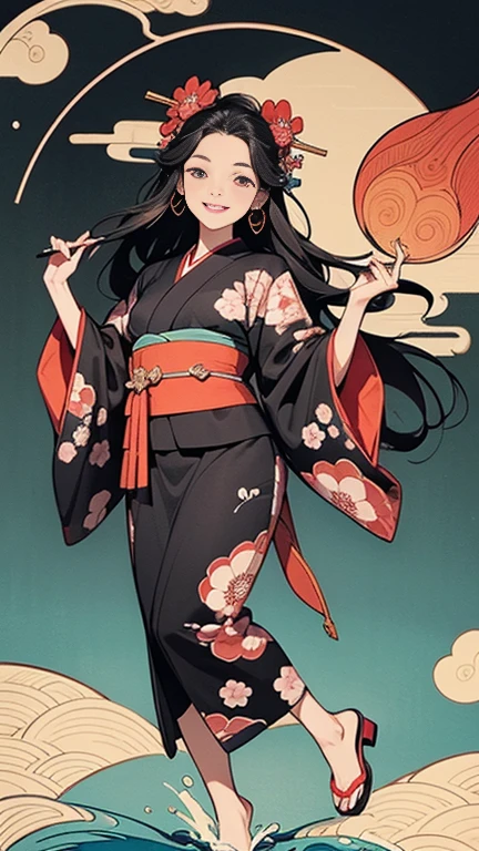 A beautiful woman smiles and shows her upper white teeth、Vividly colored Japanese Ukiyo-e style illustrations、(SeaArt creates stunning illustrations of beautiful women in kimono)、Brown-black long hair、Beautiful full body style、Let's dance a little Tokyo Ondo Yoiyoi、Beautiful digital painting,、Bright vibrant digital anime art、 Detailed digital anime art、 Beautiful anime portraits、background、Torii gate of a shrine in Kyoto, Japan、Detailed CG、