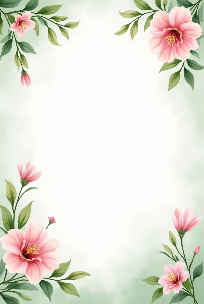 Make me an abstract background, In white and pink watercolor style., Bordered by lush branches of flowers., green branches and pink flowers, Soft and light colors in watercolor style. Light green background but noticeable