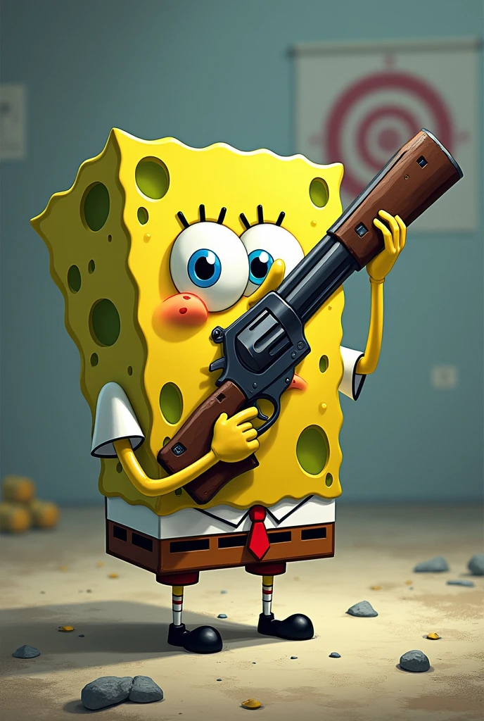 Sponge Bob with a gun shooting at the target