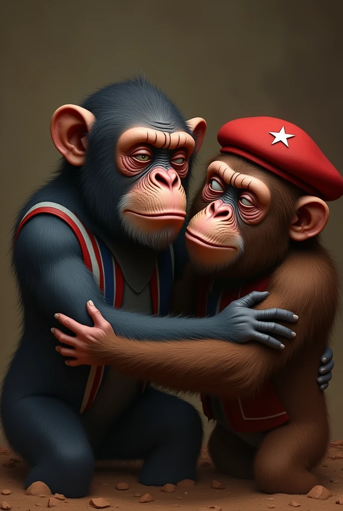 Image of 2 apes kissing, crying water from the eyes, one wearing a vest with 3 blue stripes, White and red, the other monkey wearing a red beret with a white star, full of brown mud.