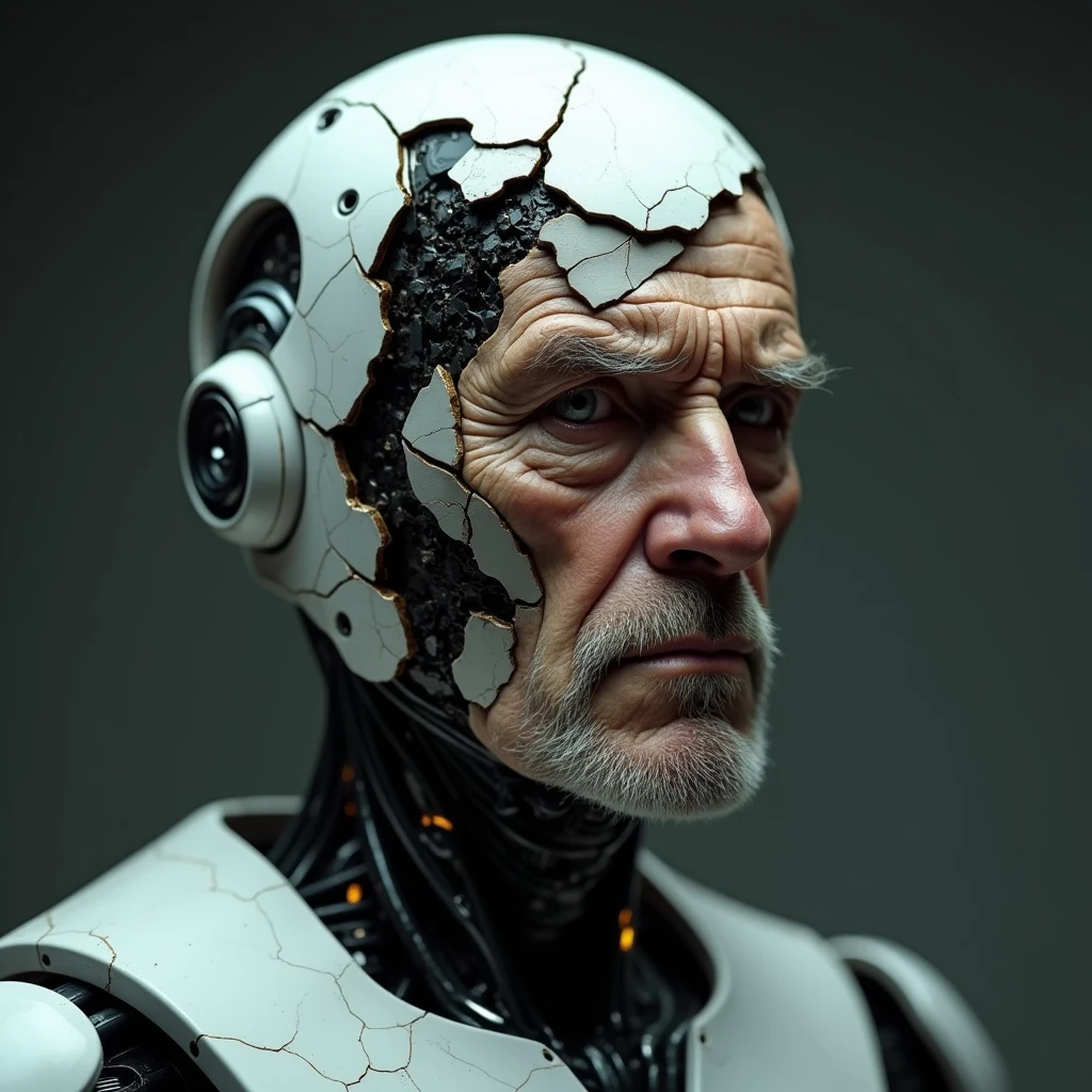 Prompt : un robot high-tech. Son visage se craque et se décolle. Le visage d'un vieillard apparaît en dessous. HDR, haute résolution, mise au point, lumière de studio. --chaos 20 --style brut --personnaliser v66d2jh --styliser 600 --v 6.1 --q 2