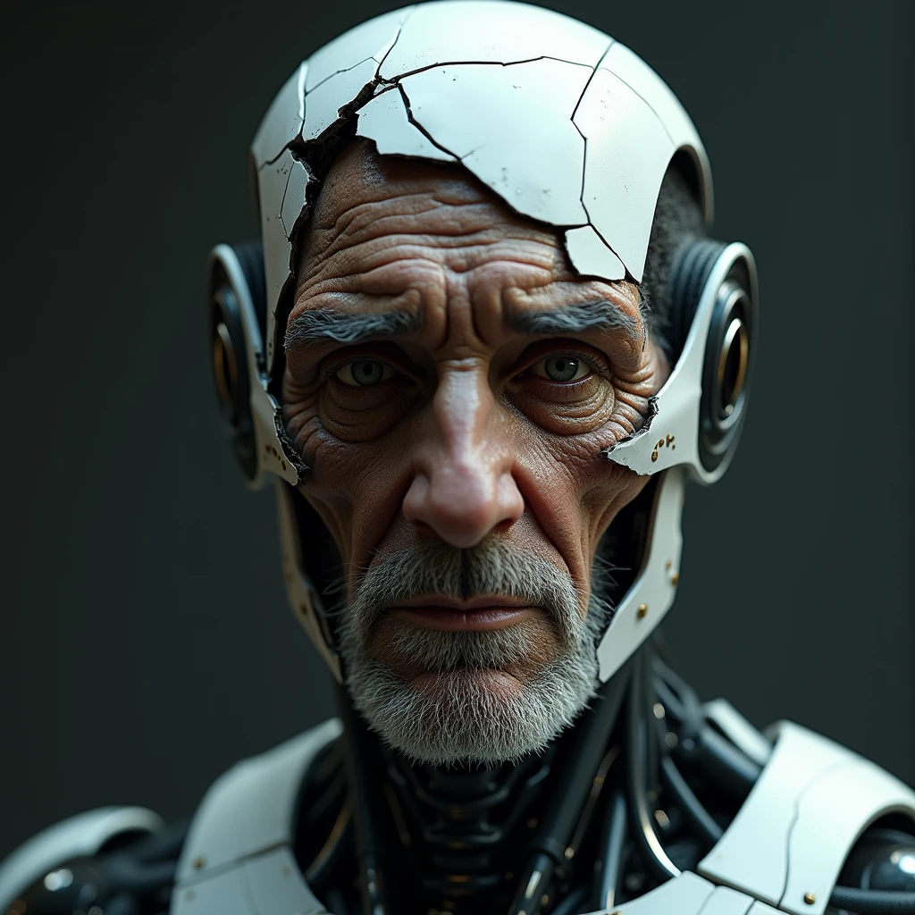Prompt : un robot high-tech. Son visage se craque et se décolle. Le visage d'un vieillard apparaît en dessous. HDR, haute résolution, mise au point, lumière de studio. --chaos 20 --style brut --personnaliser v66d2jh --styliser 600 --v 6.1 --q 2