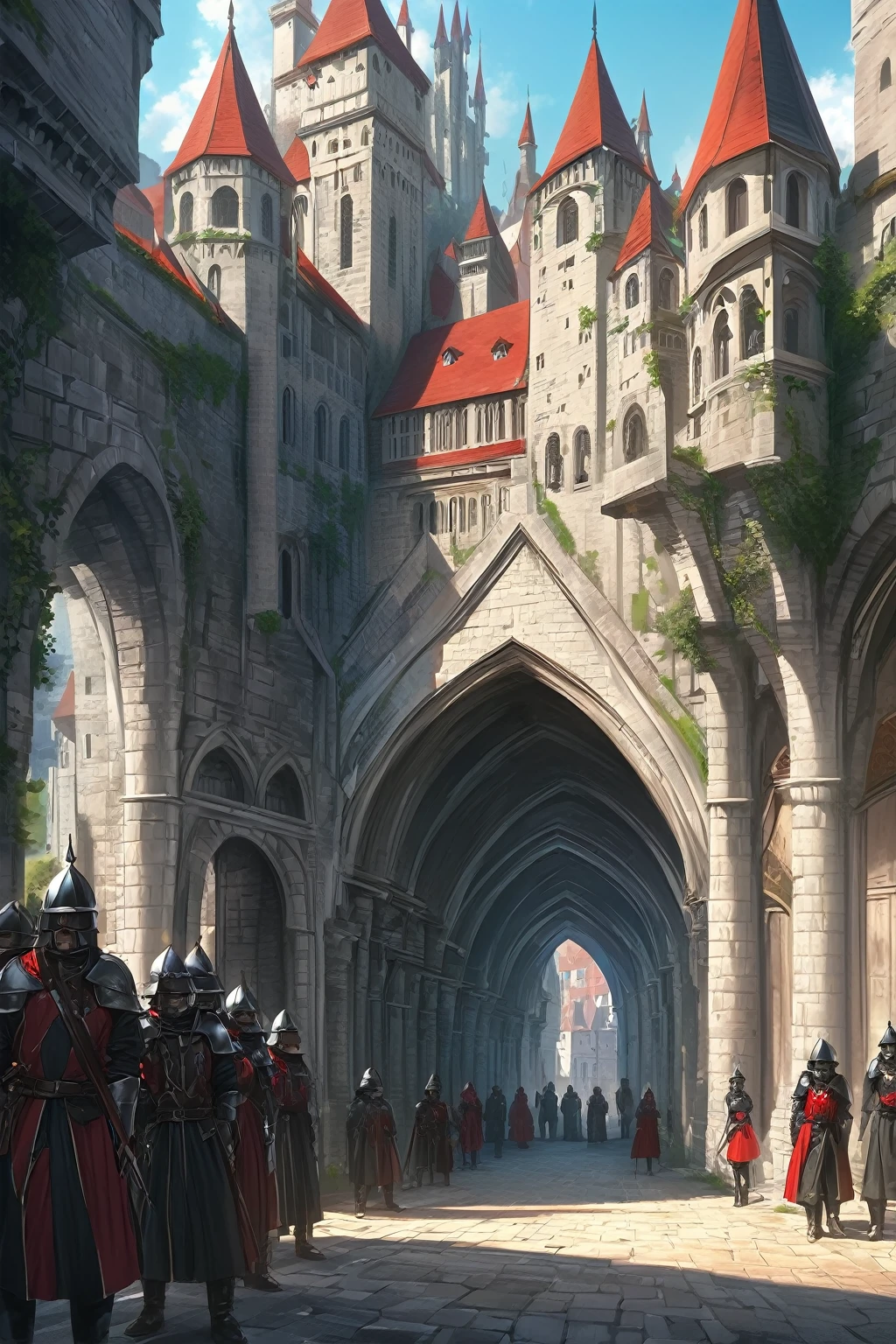 medieval fantasy capital's town  entrance at outskirts, red, white and black enigmática, secured with  Royal guards, anime Style ilustración, Creative and original , high quality, realistic , 